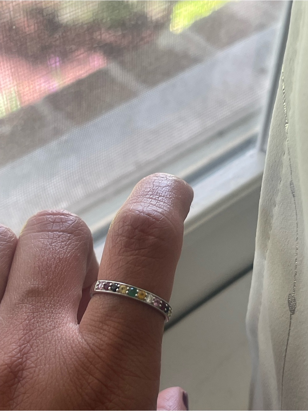 14k white gold natural Multi-Color Gemstone Band Ring, size 7